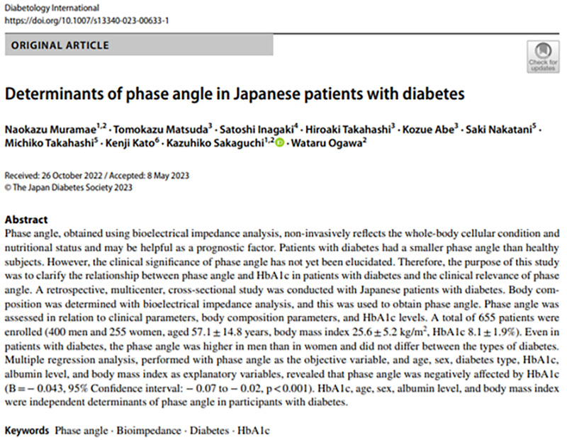 「Determinants of phase angle in Japanese patients with diabetes（日本人糖尿病患者における位相角の決定因子に関する検討）」